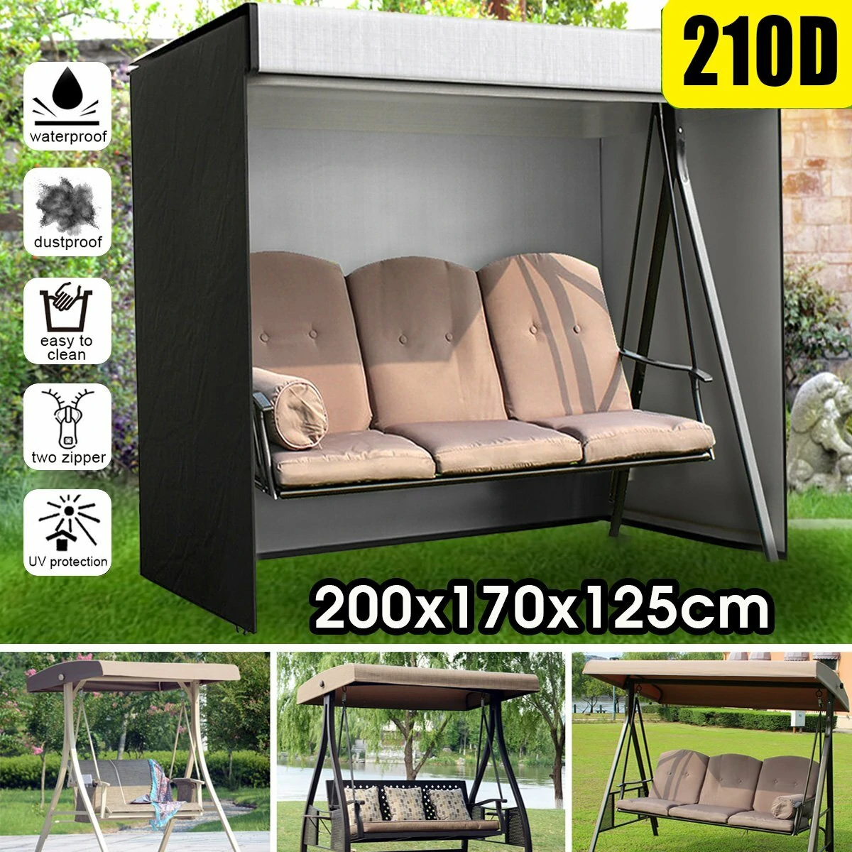 (image for) 200x170x125cm 210D 3 Seater Swing Seat Chair Hammock Cover Outdoor Furniture Waterproof Cover Garden Yard Sofa Chair Cover Folding Dust Rain Protector
